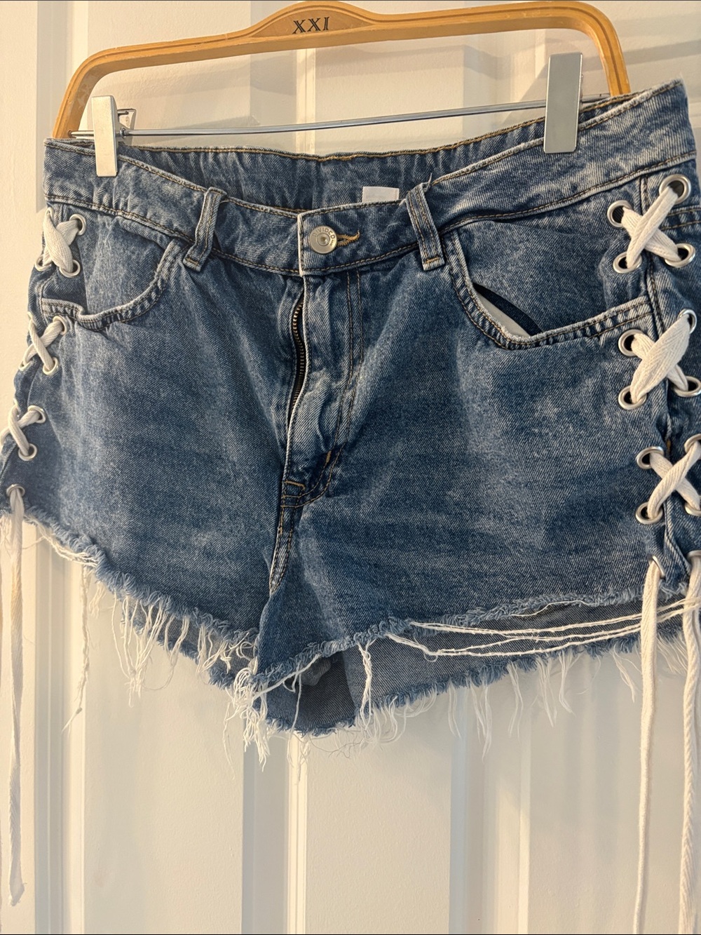 Divided Faded Blue Lace-Up Frayed Denim Shorts